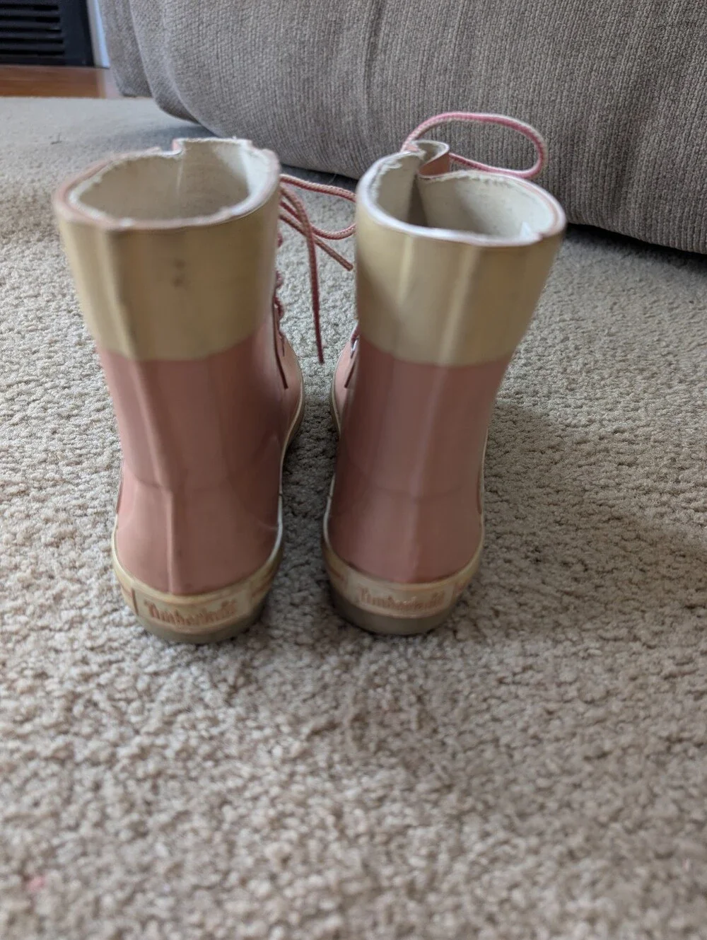 Vintage Timberland Kids Pink and Cream Lace-Up Rain Boots